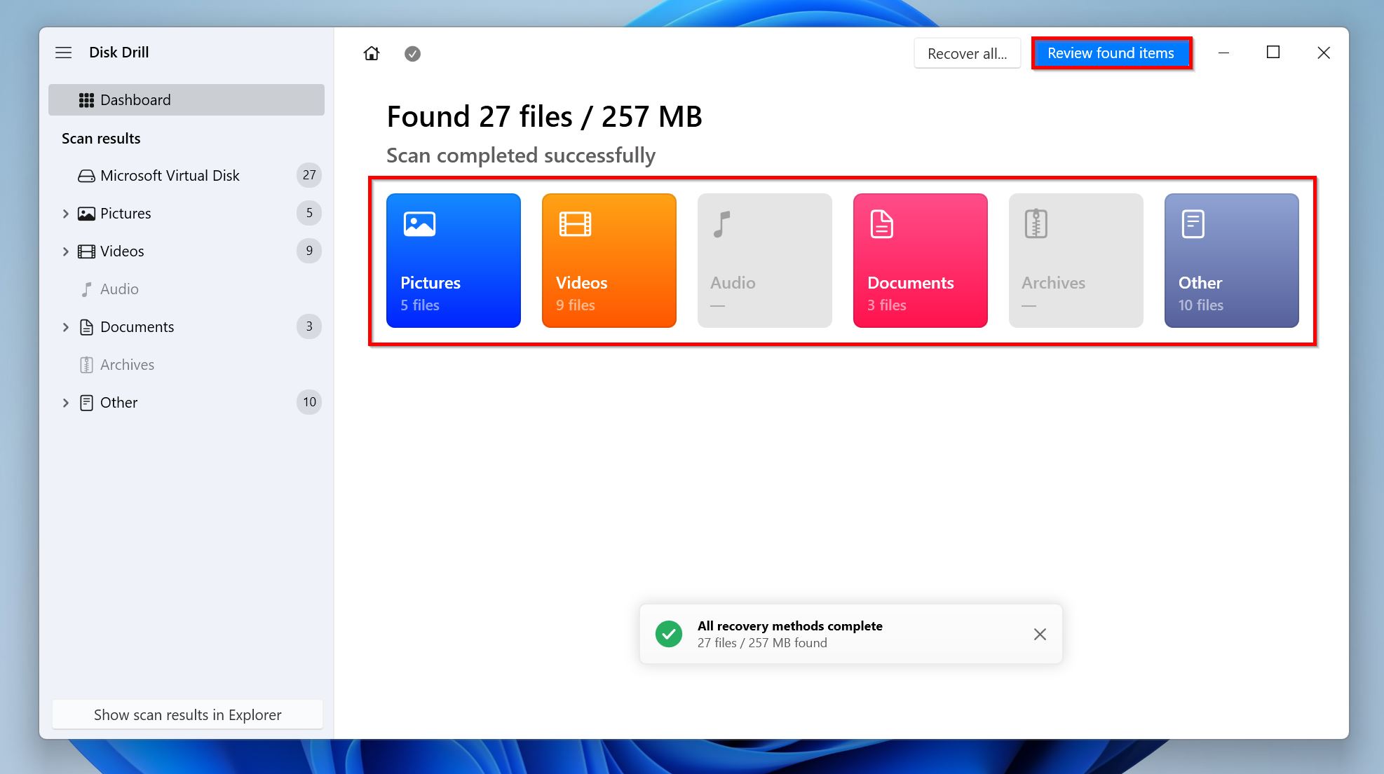 Review found items screen in Disk Drill.