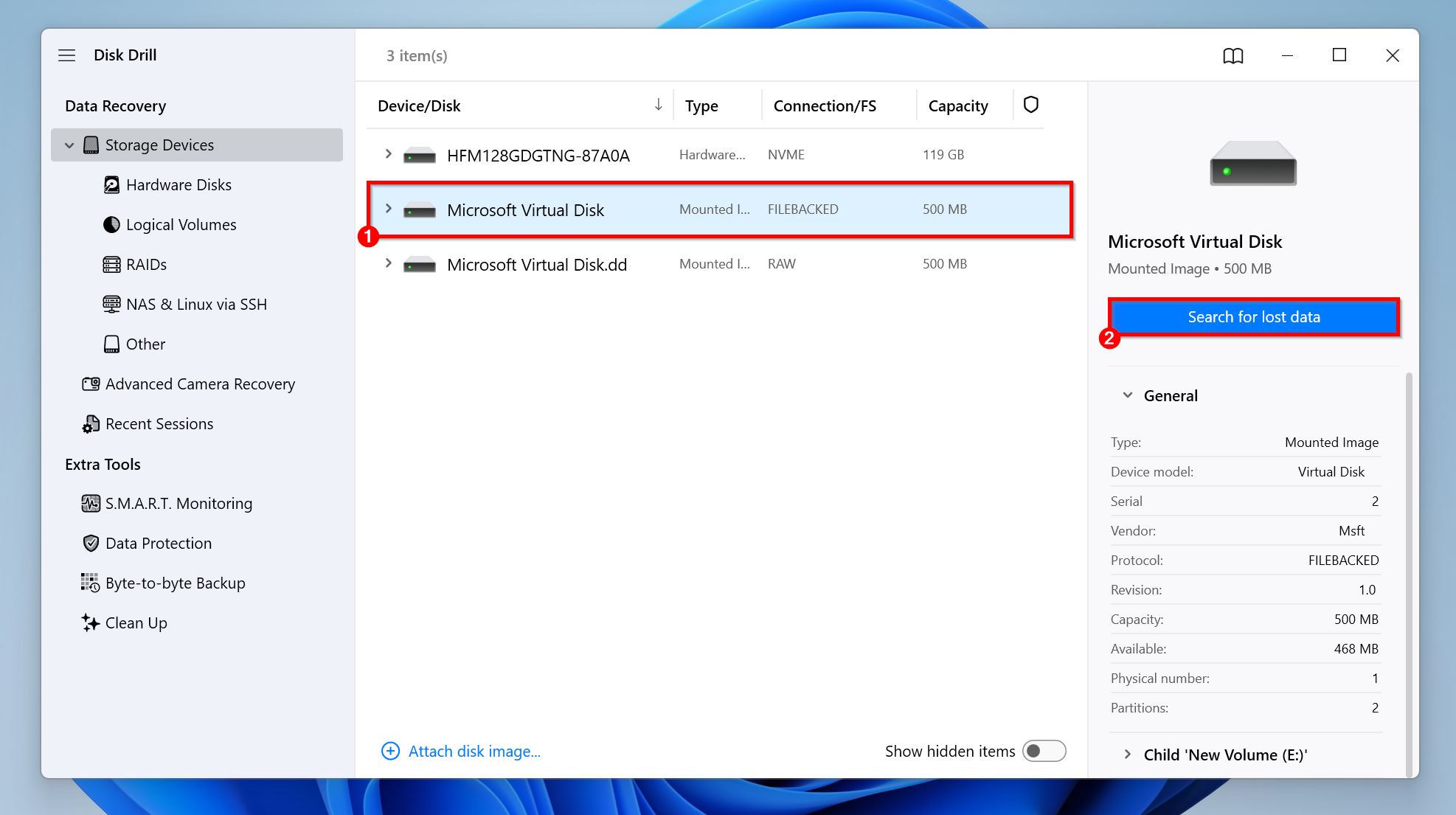 Search for lost data button in Disk Drill.