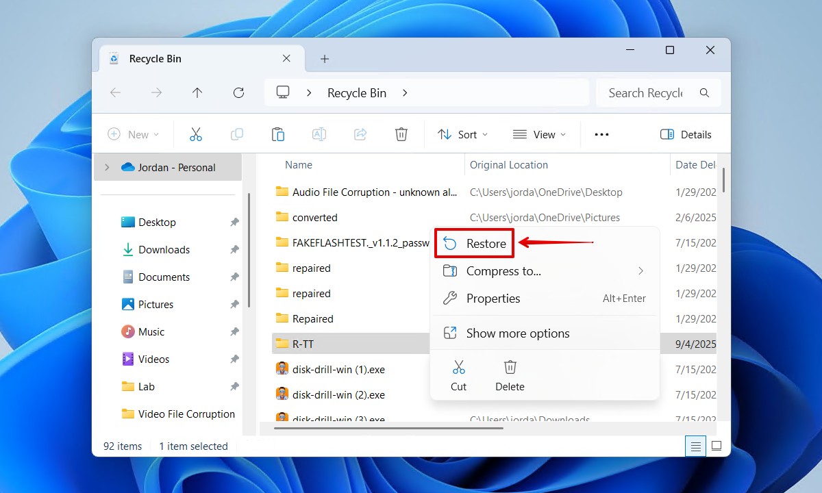 Restoring the file from Recycle Bin.