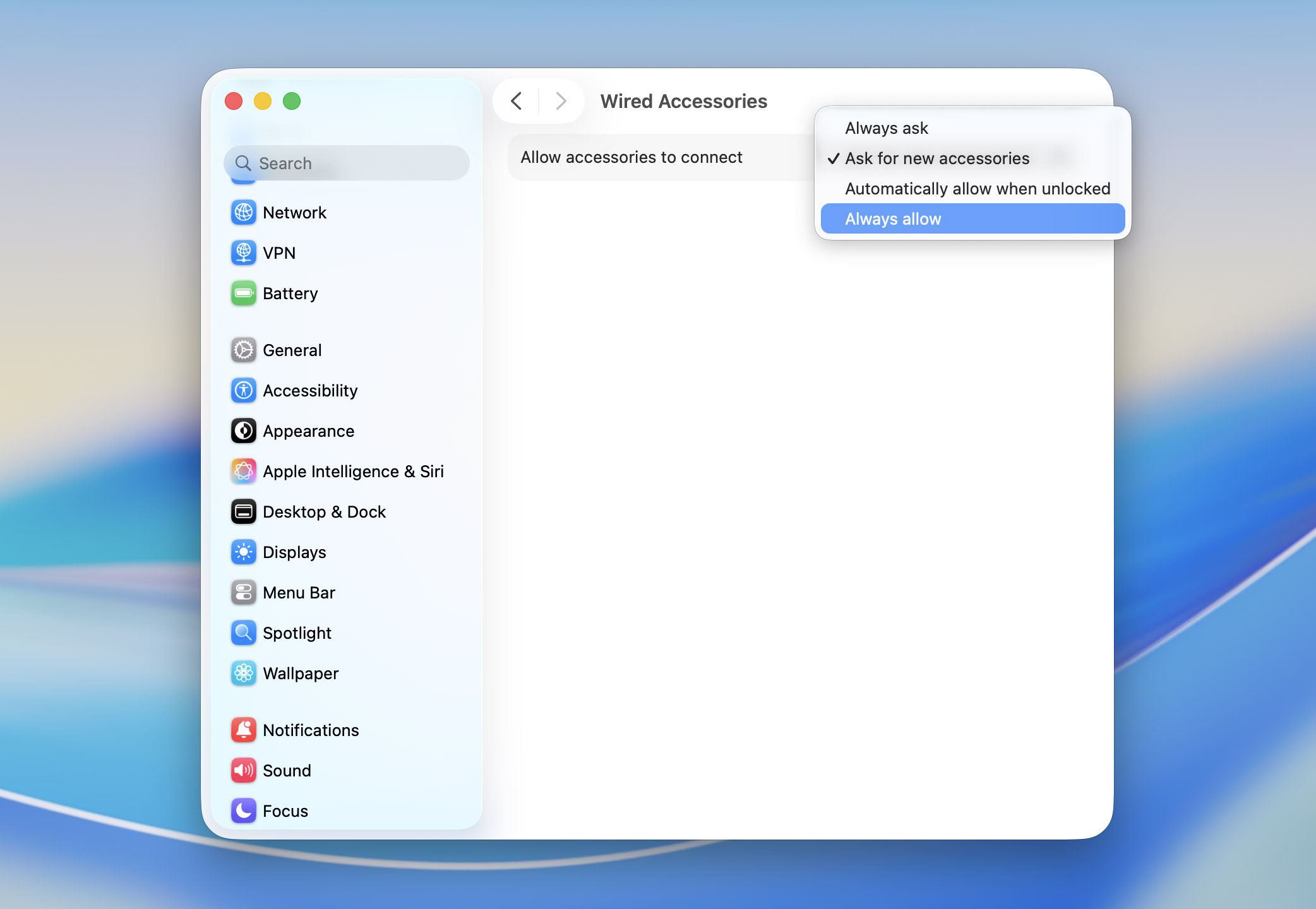 allow wired connections in settings