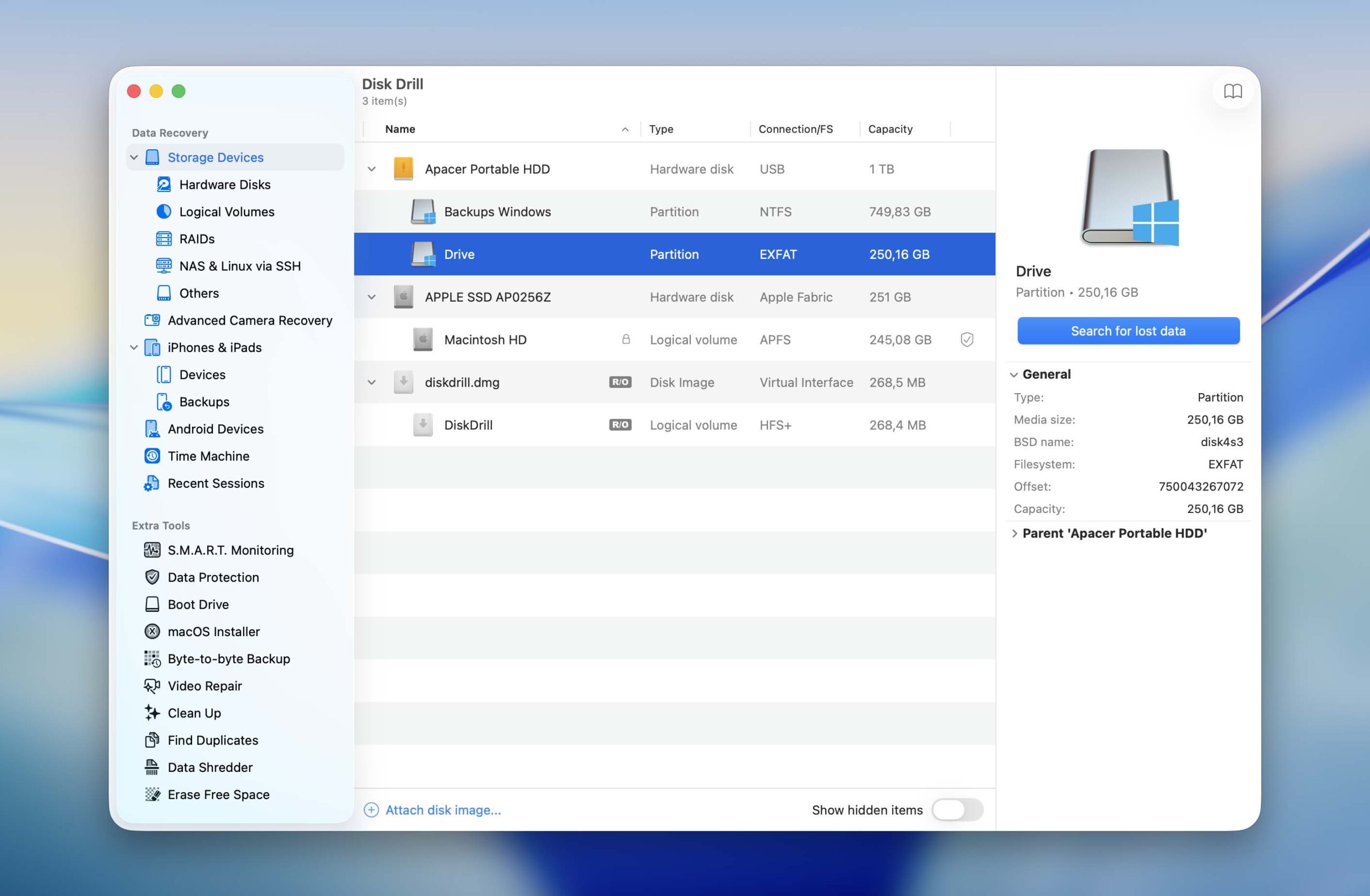 select drive with unmounted partition in disk drill