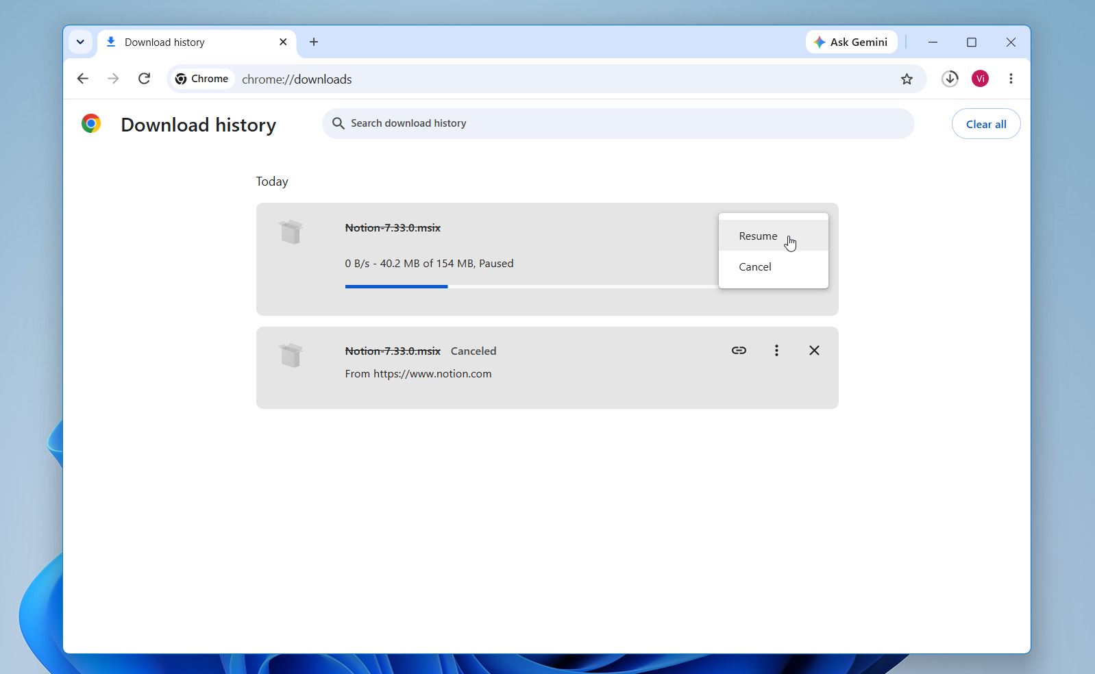 Resume download Chrome