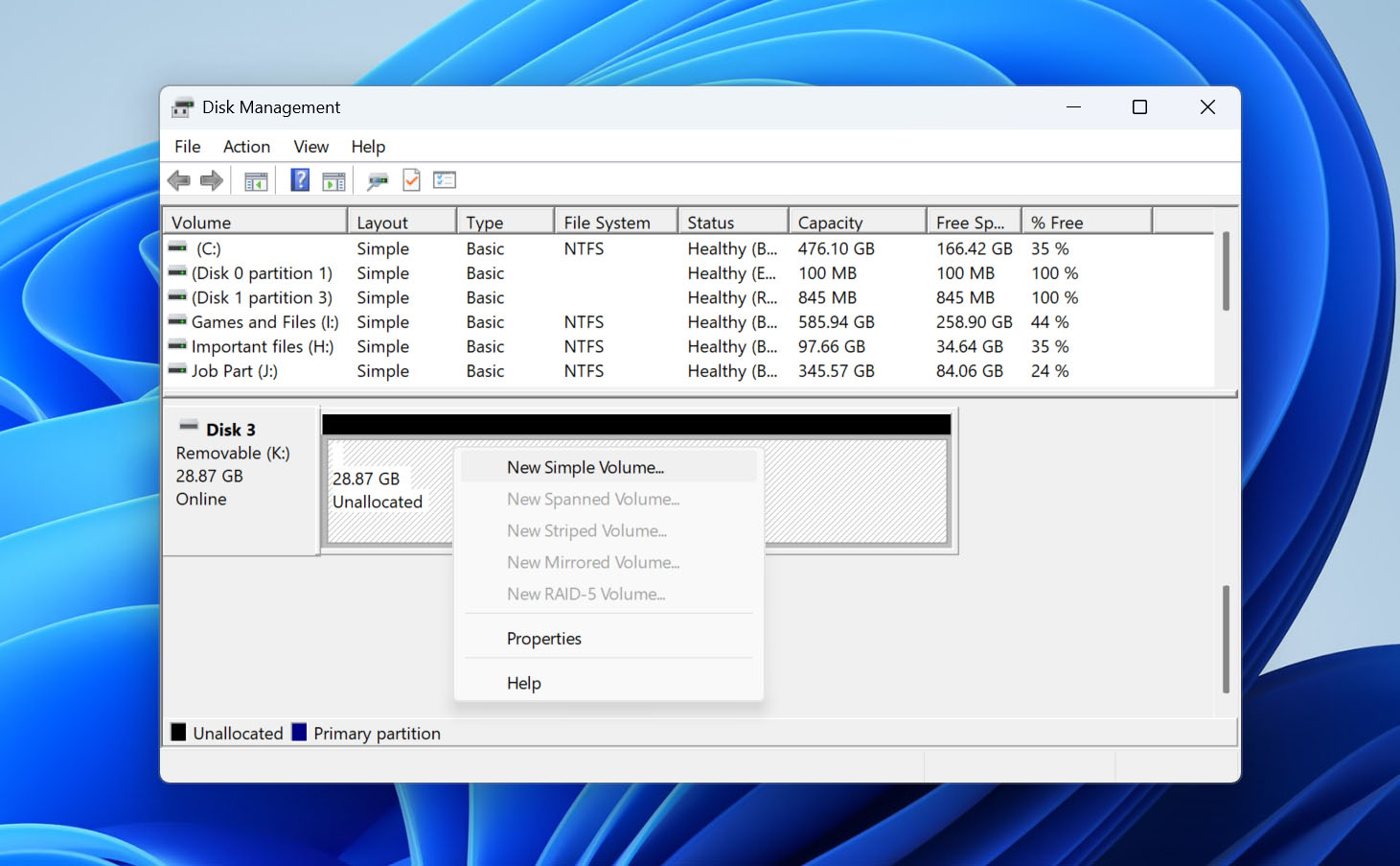 create new simple volume