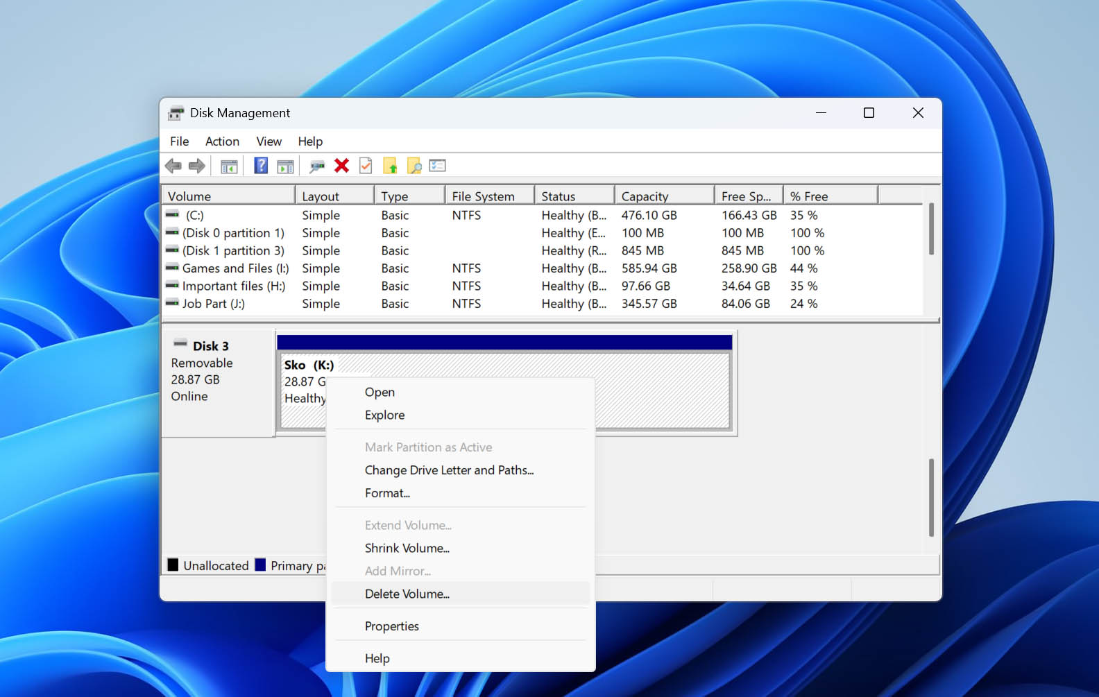 delete volume in disk management