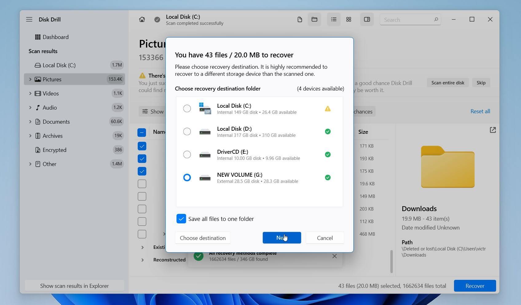 Disk Drill select where to save files