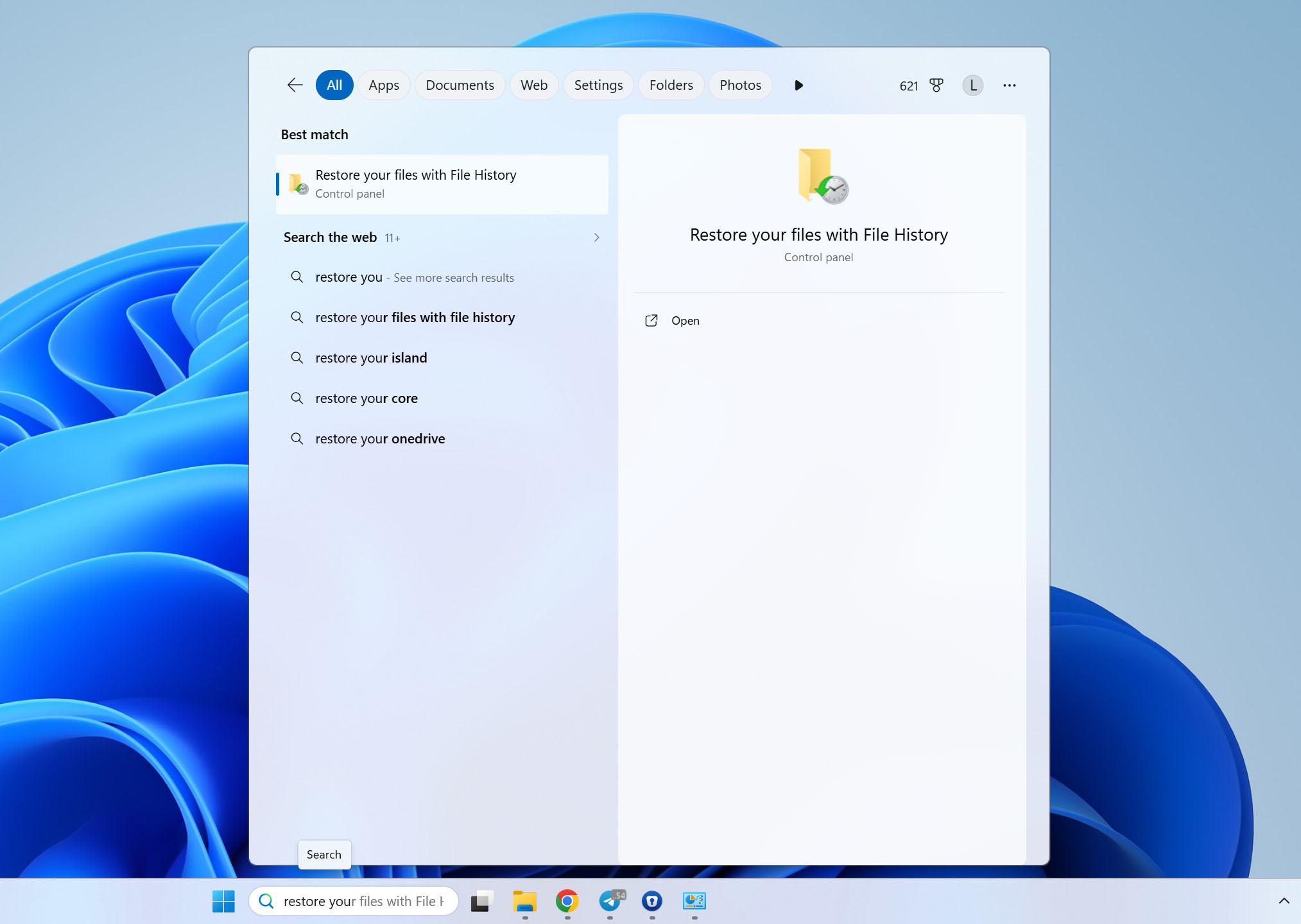 find option for restore files from file history