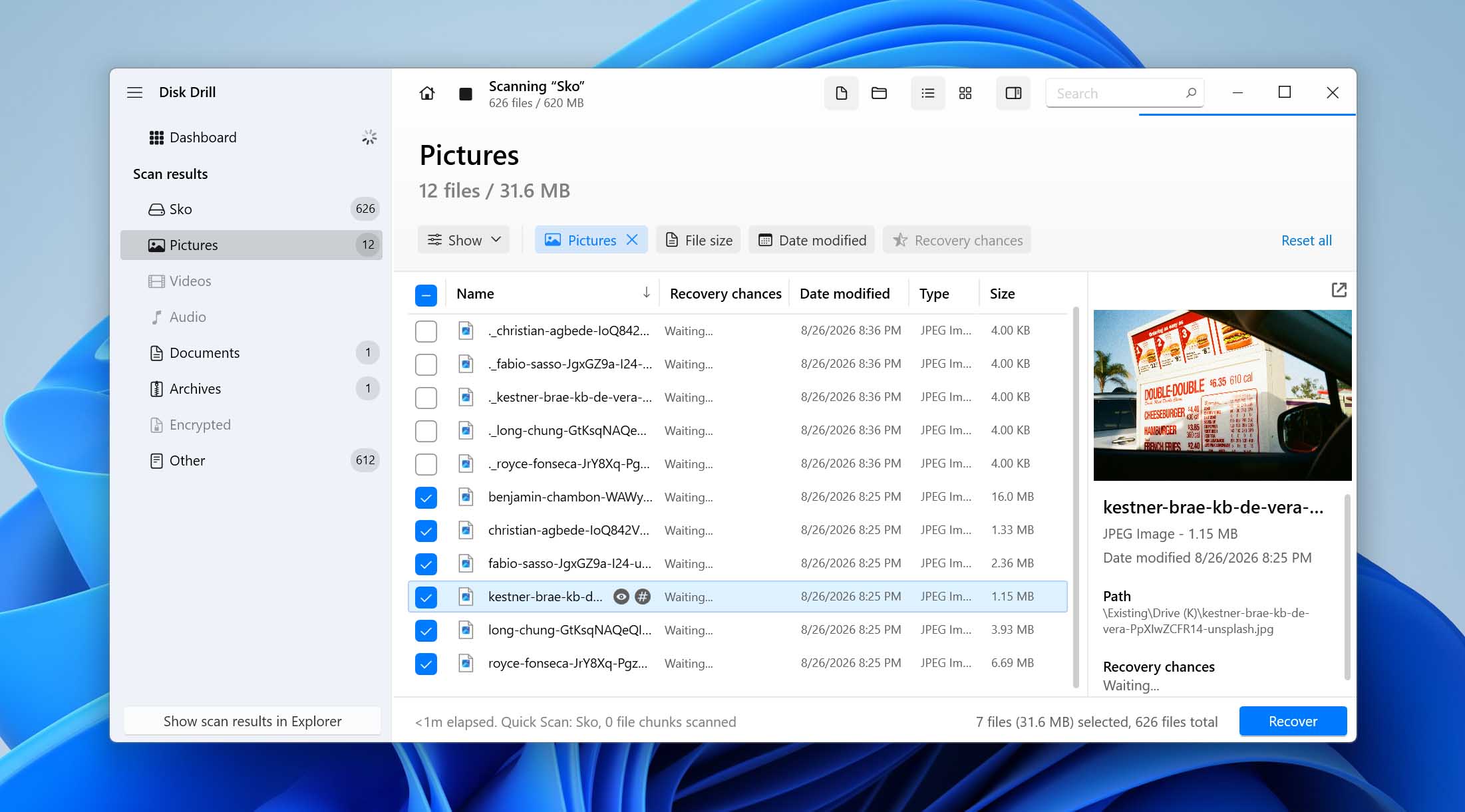 preview and select files for recovery