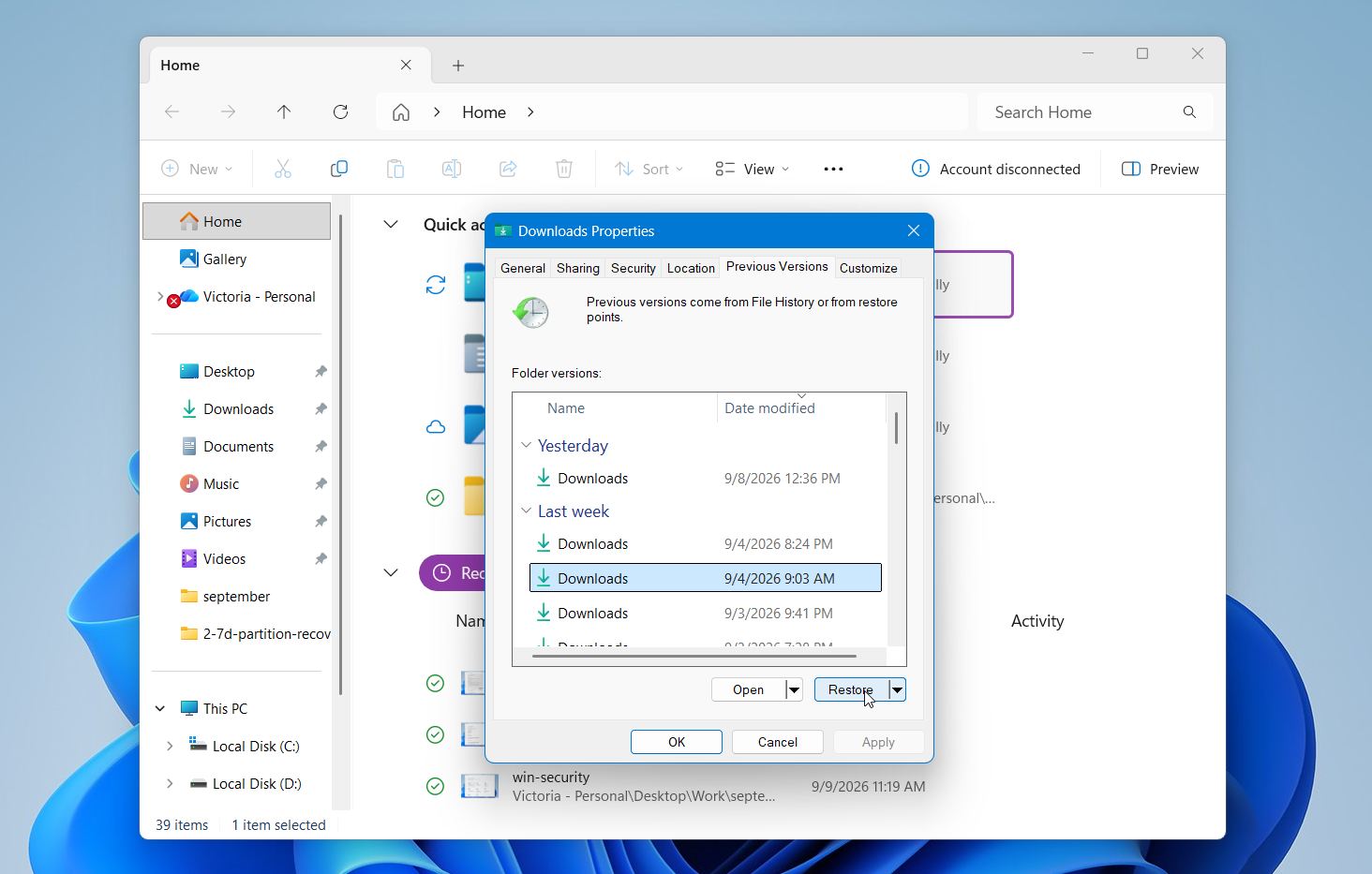 Restore the previous version of the Downloads folder