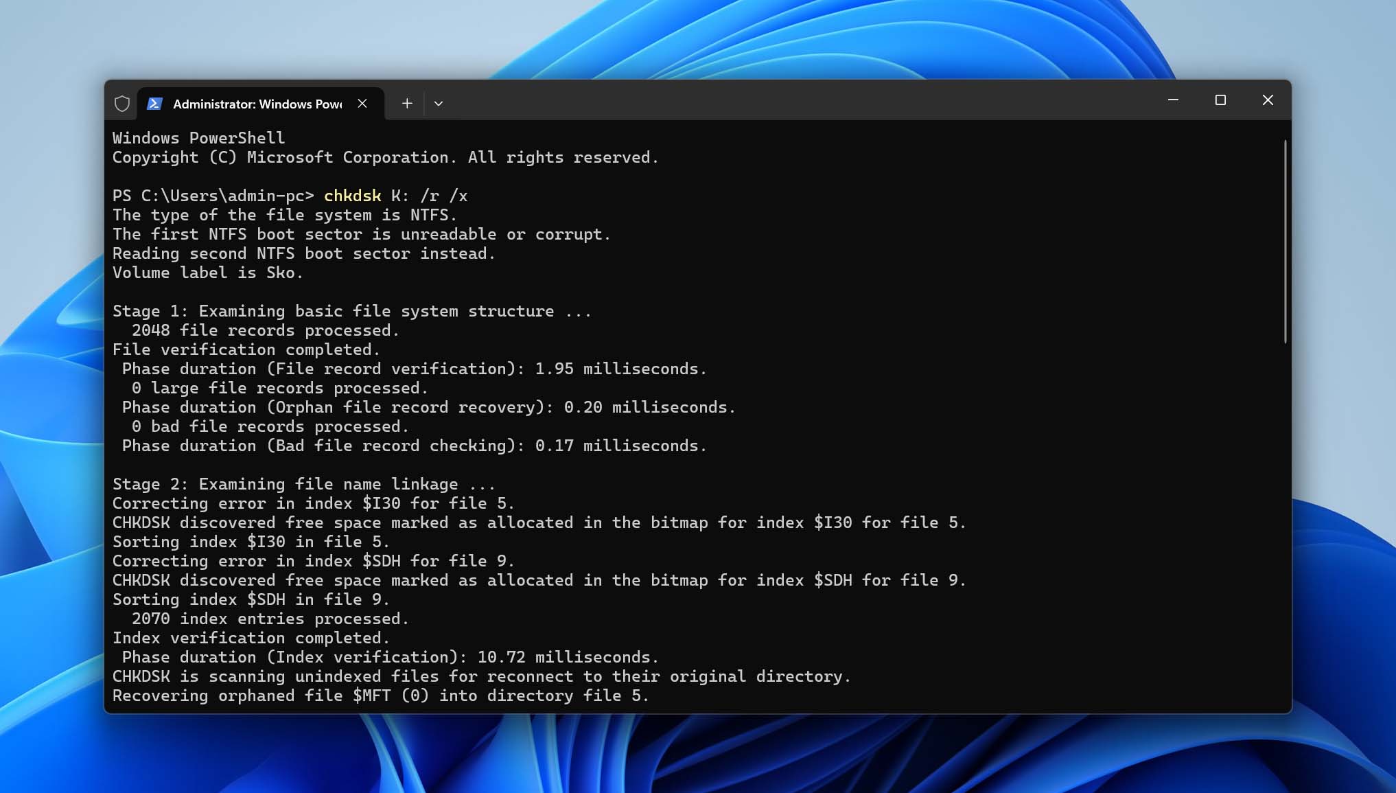 run chkdsk command with r parameter