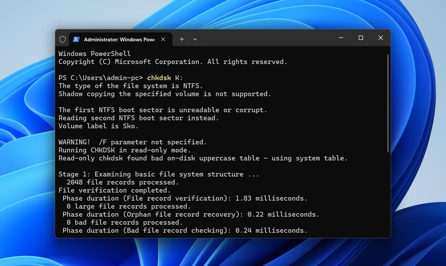 chkdsk command on usb drive