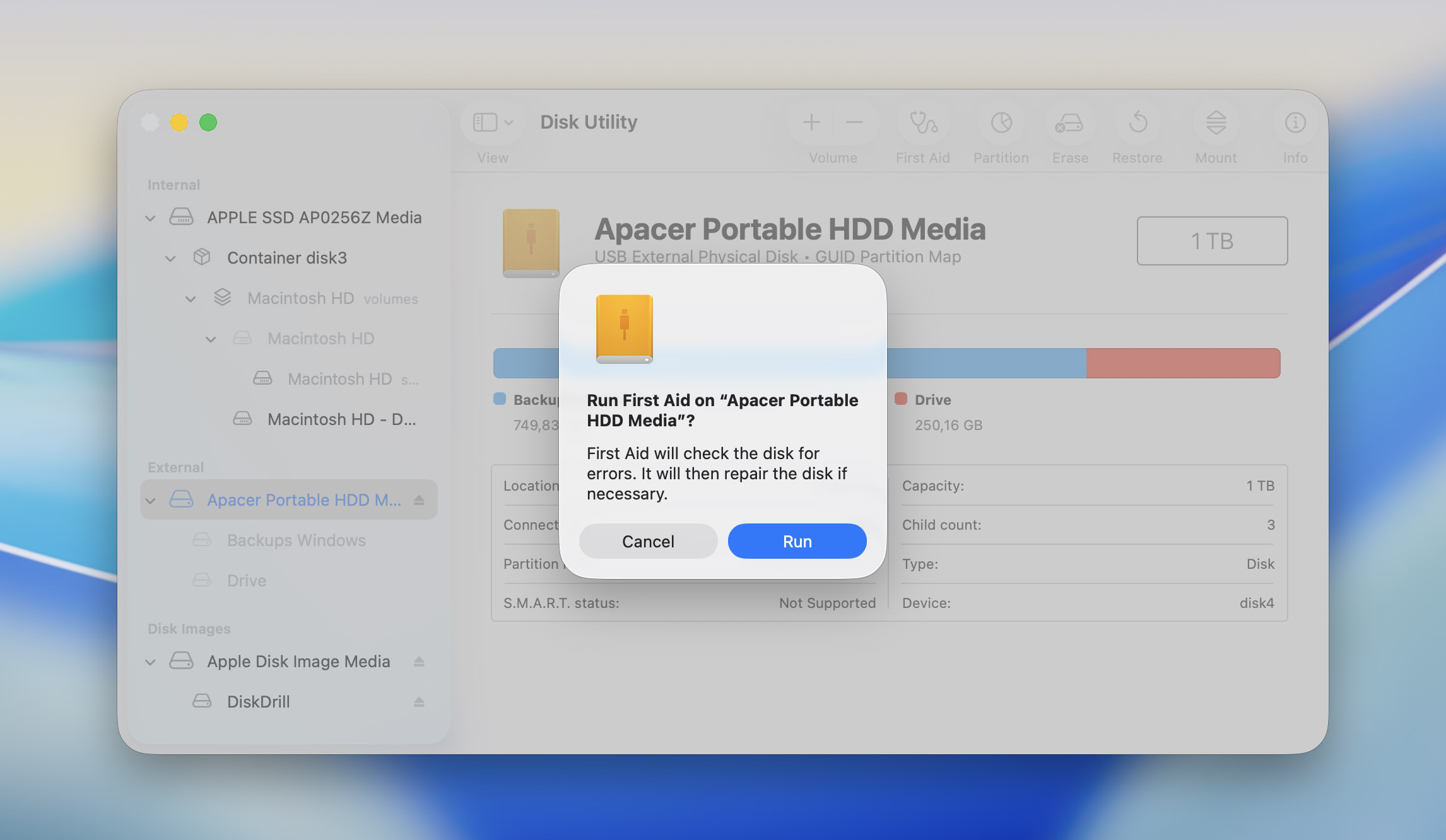 run first aid in Disk utility