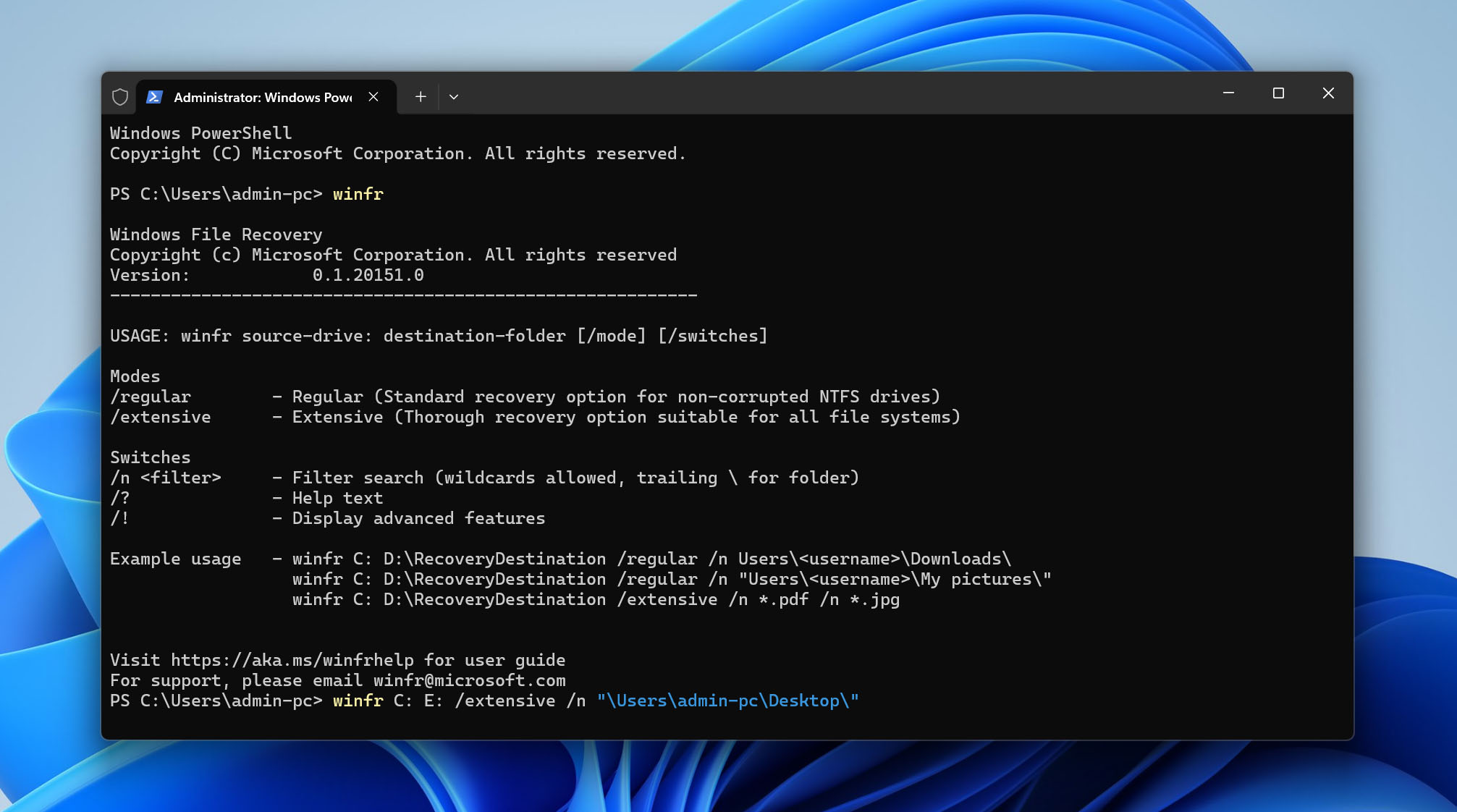 run winfr command