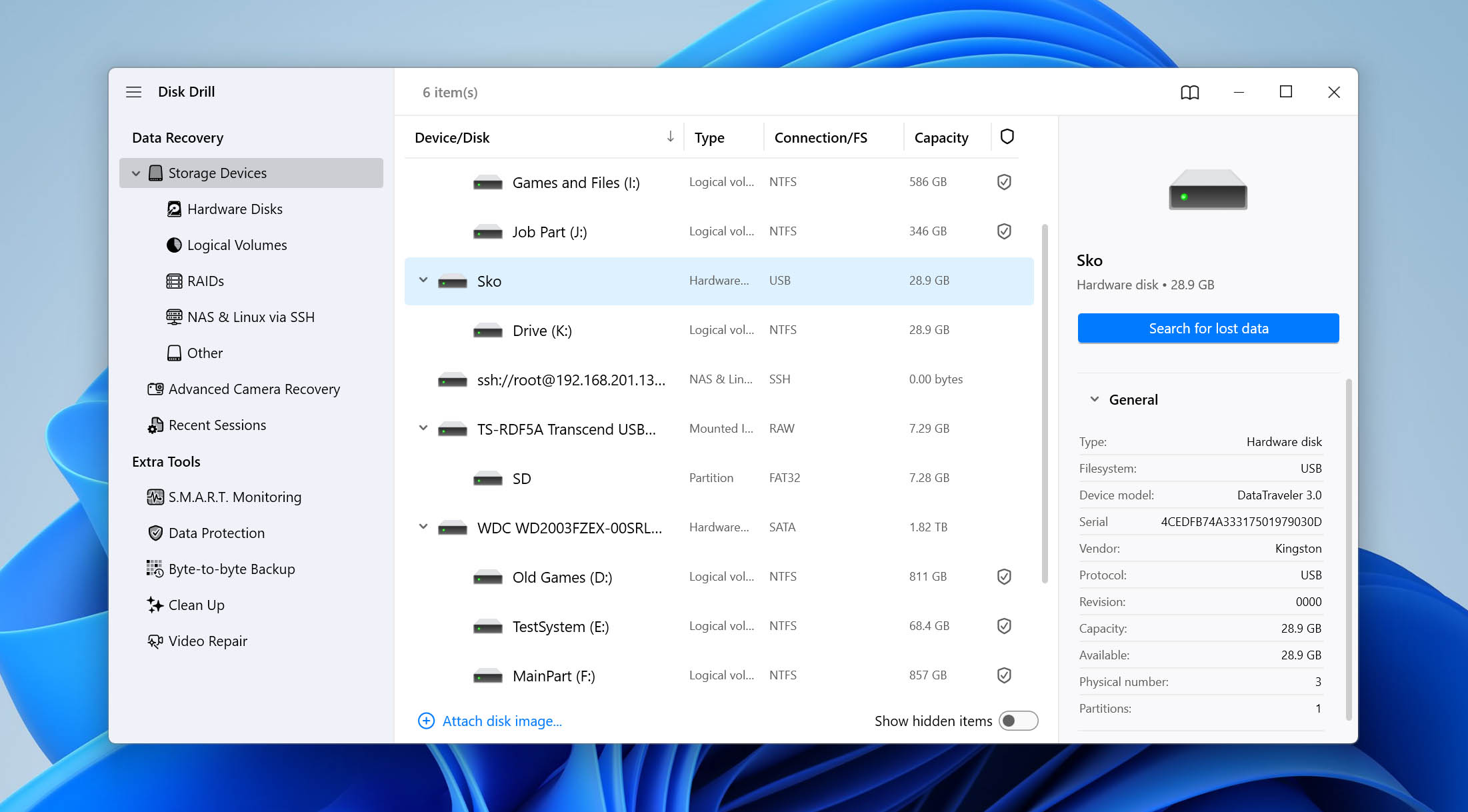 choose usb drive in disk drill