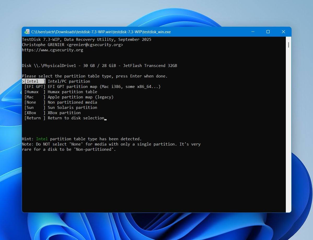 Test Disk select the partition type