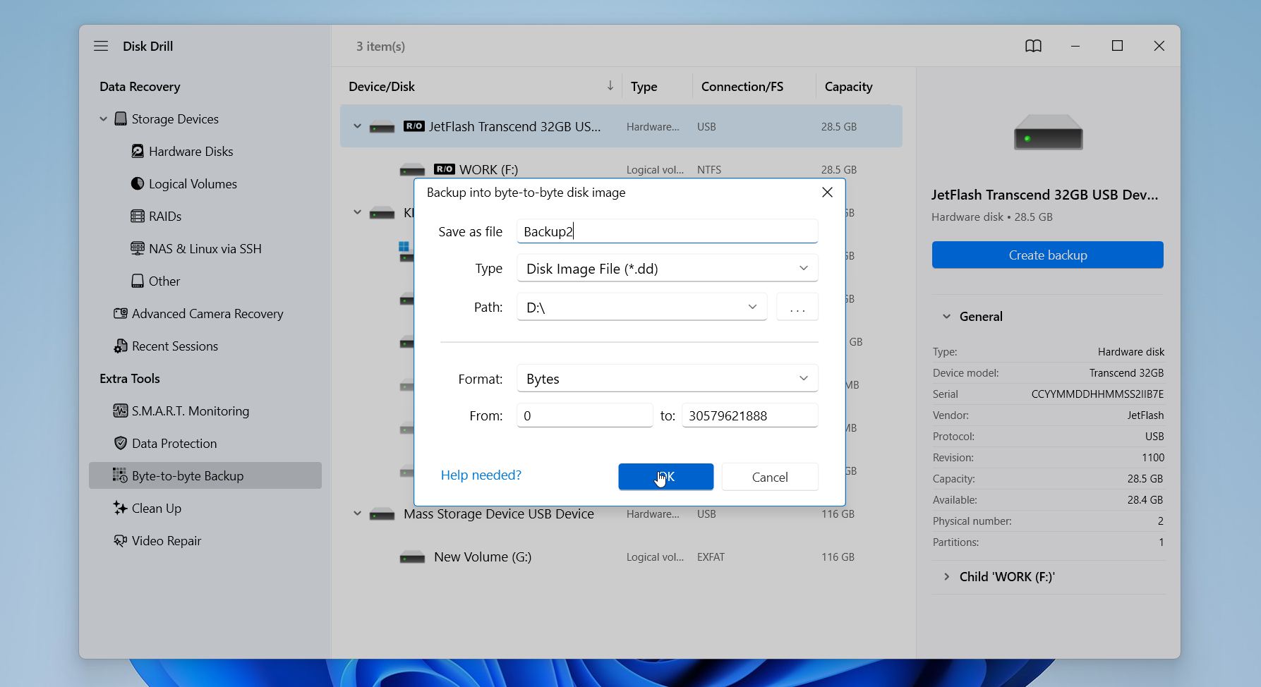 Disk drill imaging settings
