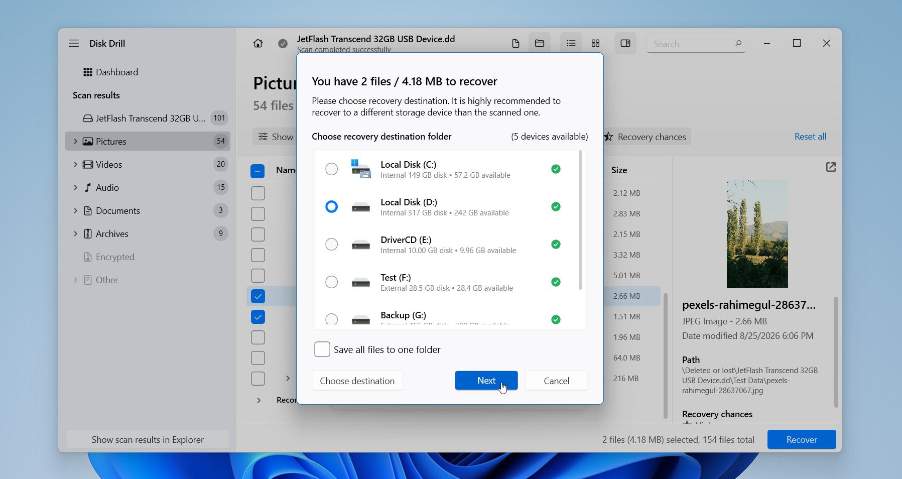 Disk Drill select where to save files