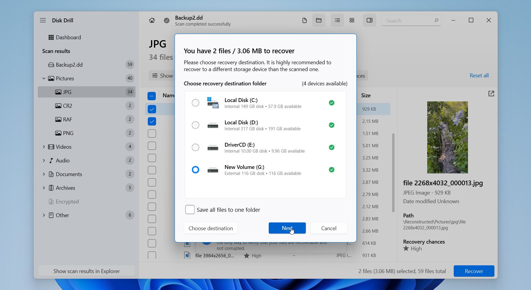 Disk Drill select where to save files