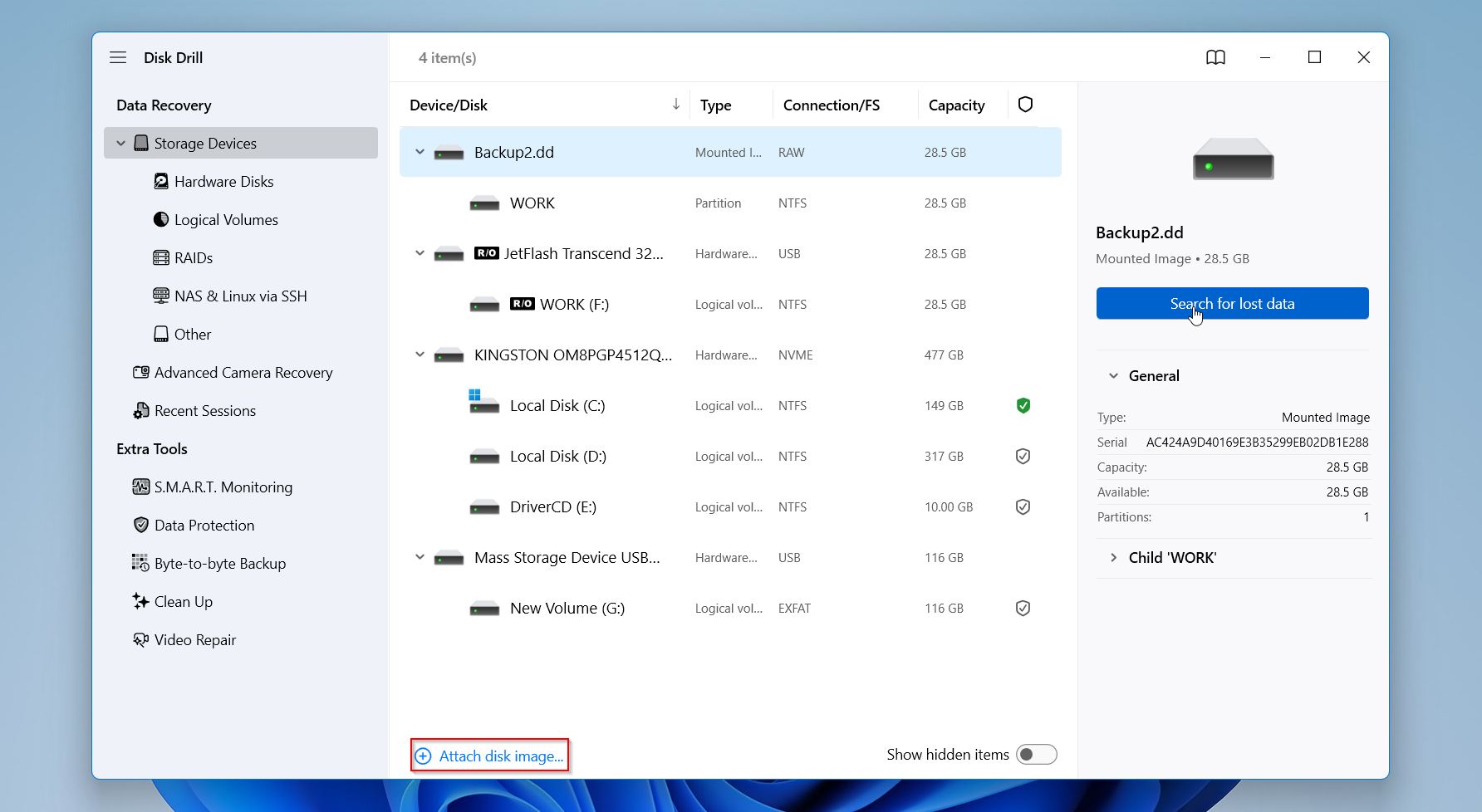 Disk Drill start a scan