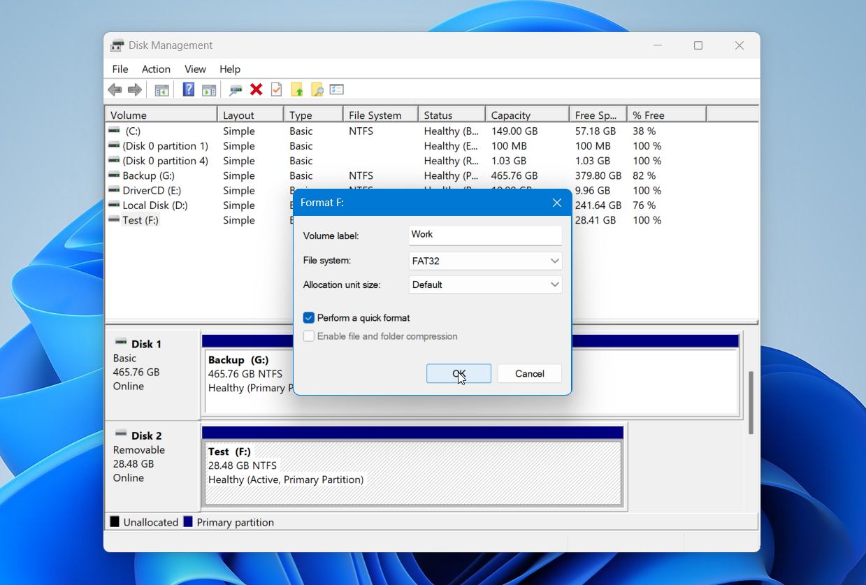 Select settings & format